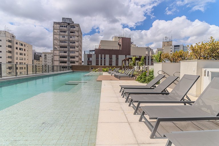 Studio no Citzy Paulista com Piscina no Rooftop
